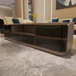 Modern Luxury TV Stand with Rounded Corner Design, High-Gloss Wood Finish and Gold-Framed Storage Compartments